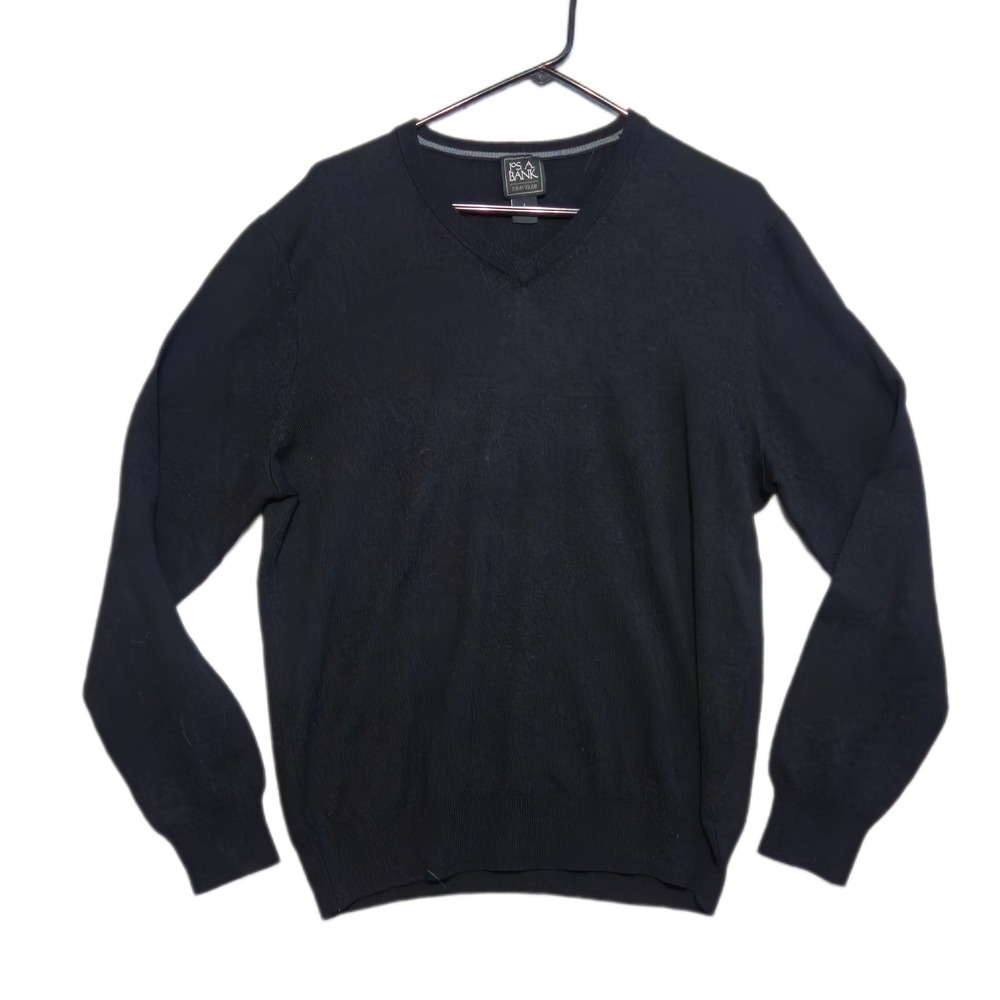 Jos A Bank Traveler Sweater Men L Black 100% Merino Wool V-Neck Long Sleeve